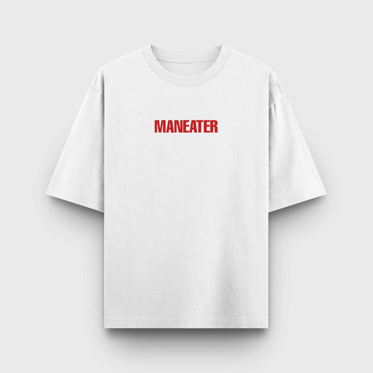 White t-shirt with bold red "MANEATER" text in a minimalist design.